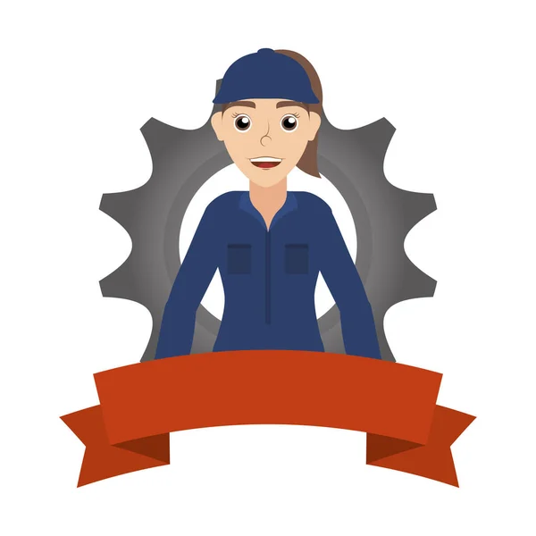 Female young mechanic worker with gear and ribbon — Stock Vector