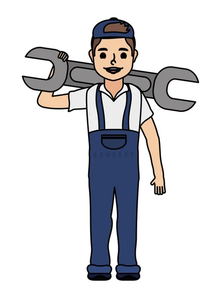 Jeune ouvrier mécanicien levage clé — Image vectorielle