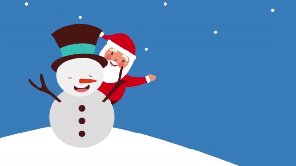 Feliz tarjeta de Navidad feliz con santa claus y muñeco de nieve — Vídeo de stock