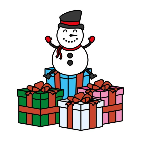 Feliz Navidad muñeco de nieve lindo con carácter regalos — Vector de stock