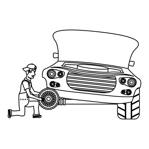 Young mechanic changing tire character — Stock Vector