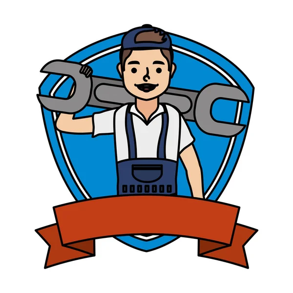 Jeune ouvrier mécanicien levage clé dans le bouclier — Image vectorielle