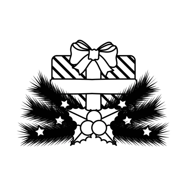 Coffret cadeau de Noël présent avec des feuilles de couronne — Image vectorielle
