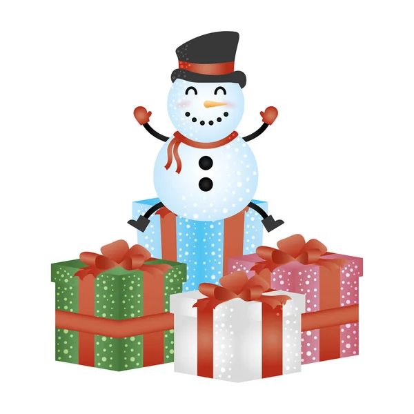 Feliz Navidad muñeco de nieve lindo con carácter regalos — Vector de stock