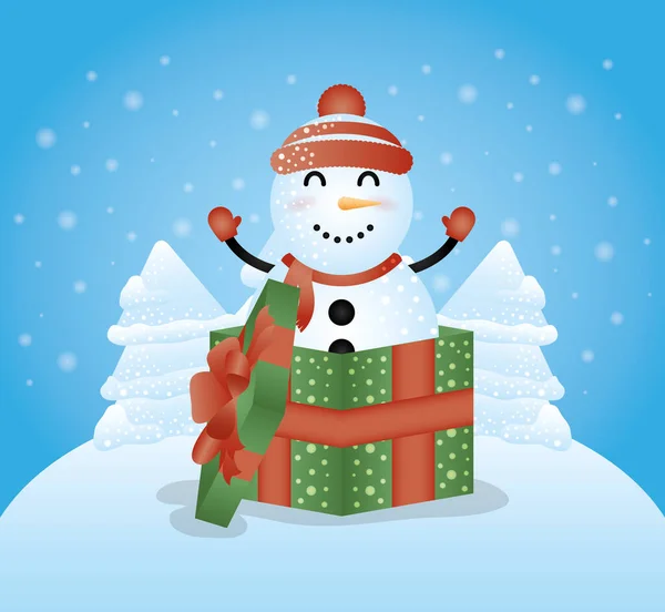 可愛い雪だるまのキャラクターを持つメリークリスマスカード — ストックベクタ