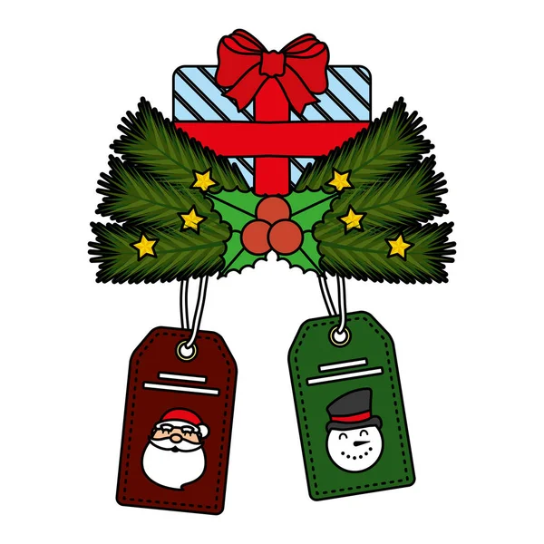 Caja de regalo de Navidad con etiquetas de santa y muñeco de nieve colgando — Vector de stock