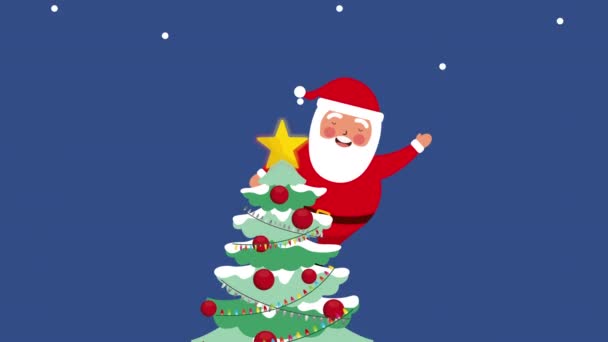 Happy merry christmas card with santa claus and pine tree — Stock Video