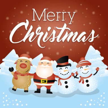 Bir grup karakterle mutlu noel kartları