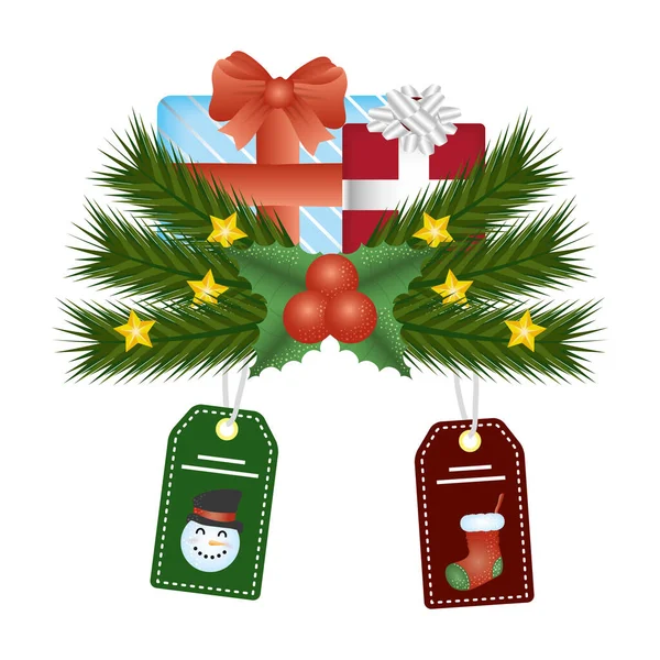 Caixa de presente de Natal com etiquetas de boneco de neve e meia pendurada — Vetor de Stock