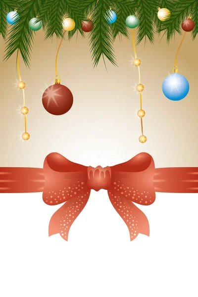圣诞快乐卡上有球和叶子装饰 — 图库矢量图片