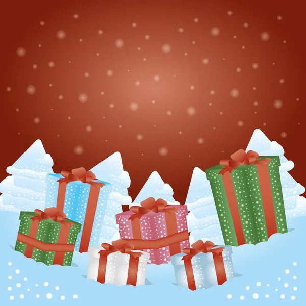 Feliz tarjeta de Navidad con cajas de regalo regalos — Vector de stock