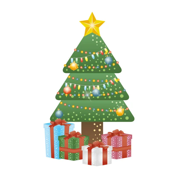 Alegre pino de Navidad con colores luces y regalos — Vector de stock