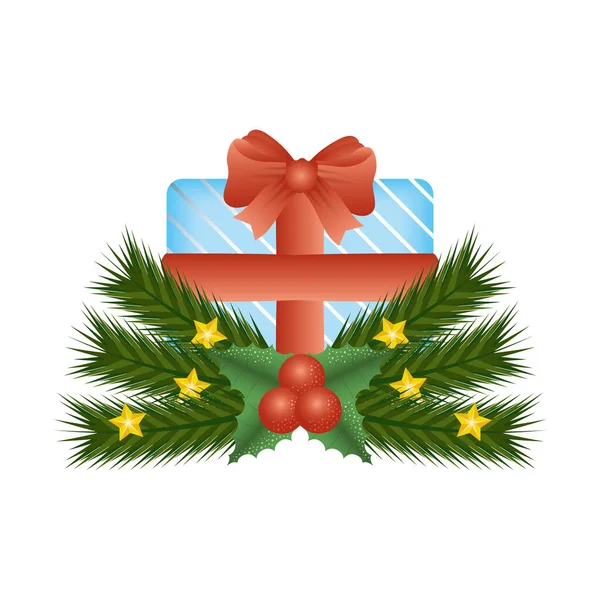 Caixa de presente de Natal presente com folhas de grinalda — Vetor de Stock