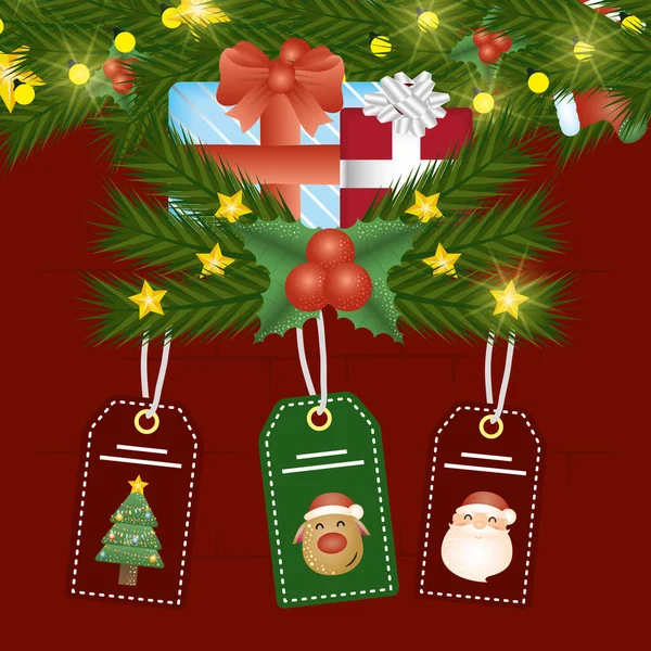 Feliz cartão de Natal com presente e etiquetas penduradas — Vetor de Stock
