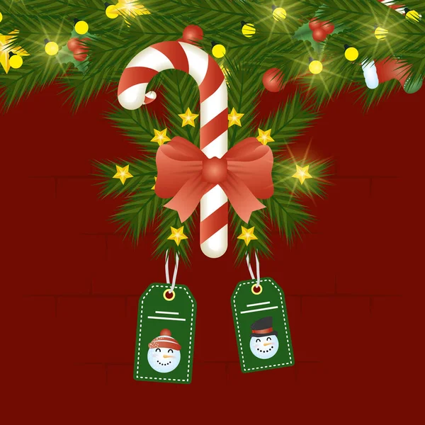 Tarjeta de navidad feliz con caña dulce y etiquetas colgando — Vector de stock