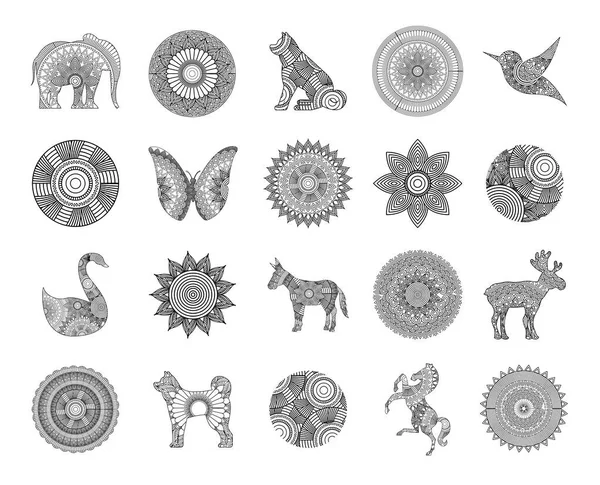 Set di icone Mandale di concetto bohemien e ornamento — Vettoriale Stock