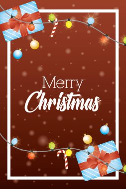 Hediyeler ve ışıklarla dolu mutlu noel kartları