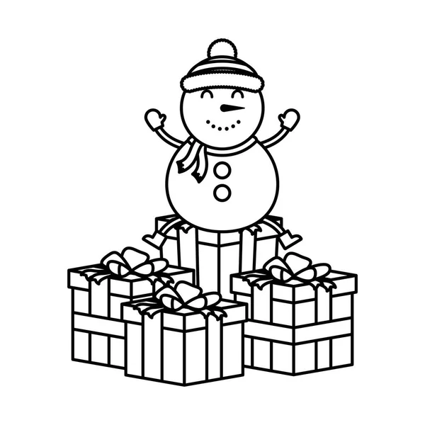 Frohe Weihnachten netter Schneemann mit Geschenken Charakter — Stockvektor