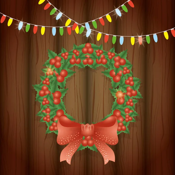 Joyeux Noël carte avec couronne de couronnes de feuilles — Image vectorielle