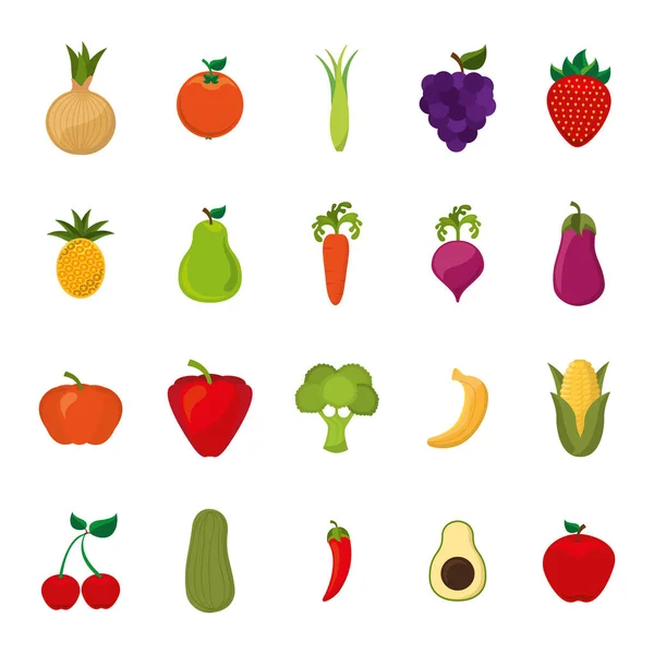孤立的水果和蔬菜图标集病媒设计 — 图库矢量图片