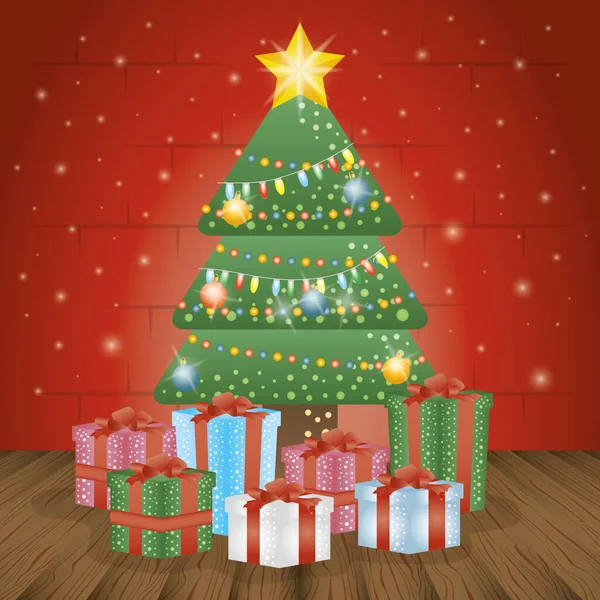 有松树和礼物的快乐圣诞贺卡 — 图库矢量图片