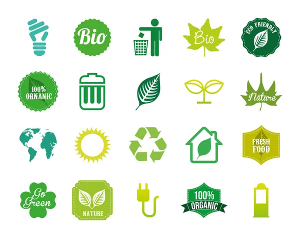 Ecología aislada bio y orgánico icono conjunto de diseño de vectores — Vector de stock