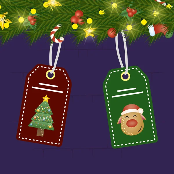 Boldog karácsonyi lapot koszorúval és címkékkel lógó — Stock Vector