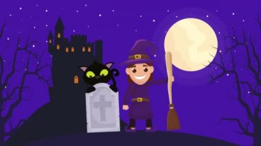 Küçük cadı ve kediyle cadılar bayramı sahnesi