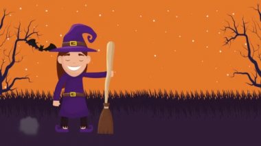 Küçük cadı ve süpürgeyle cadılar bayramı sahnesi