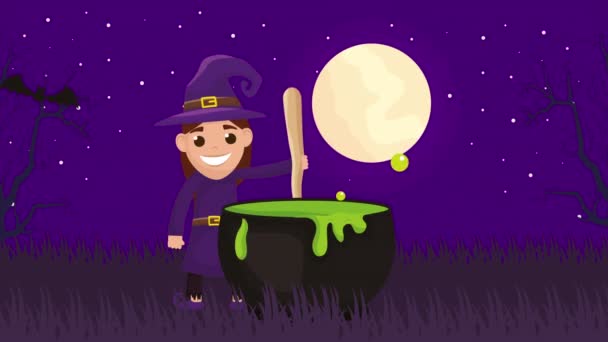 Halloween dunkle Szene mit kleiner Hexe und Hexenkessel — Stockvideo