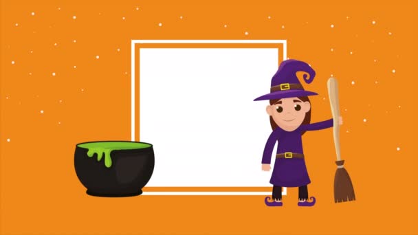 Halloween dark scene with little witch and cauldron — Stock Video