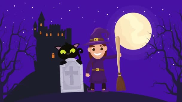 Halloween escuro cena com pouco bruxa e gato — Vídeo de Stock