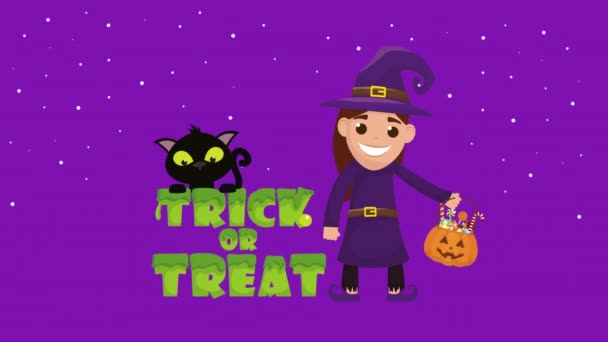 Halloween tmavá scéna s malou čarodějnicí a kočkou — Stock video