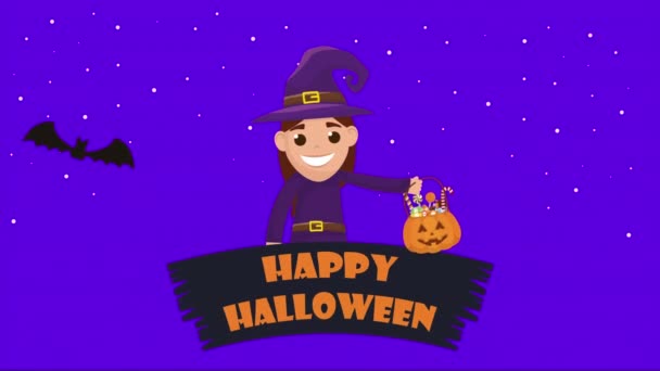 Halloween tmavá scéna s malou čarodějnicí a netopýry létání — Stock video