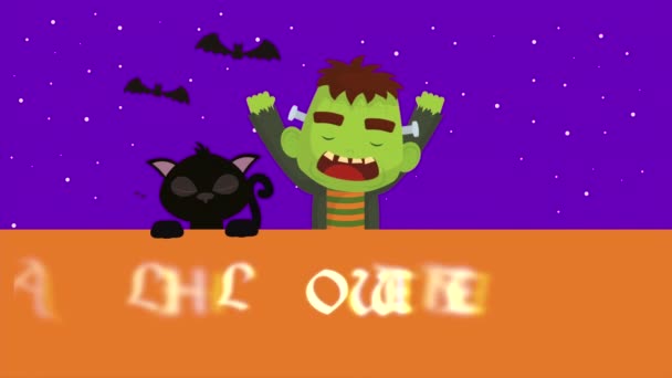 Halloween donker scene met frankenstein en kat — Stockvideo