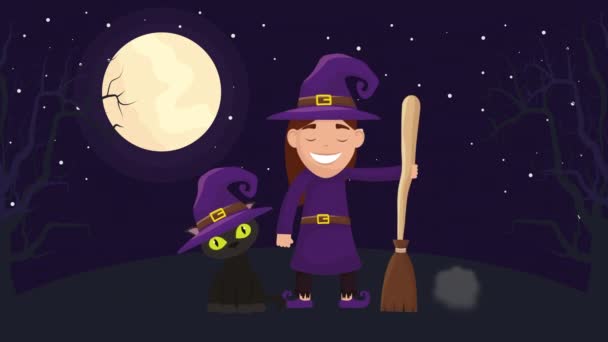 Halloween dunkle Szene mit kleiner Hexe und Katze — Stockvideo