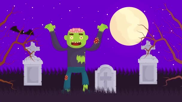 Halloween dark scene with zombie and cat in cemetery — Stock Video