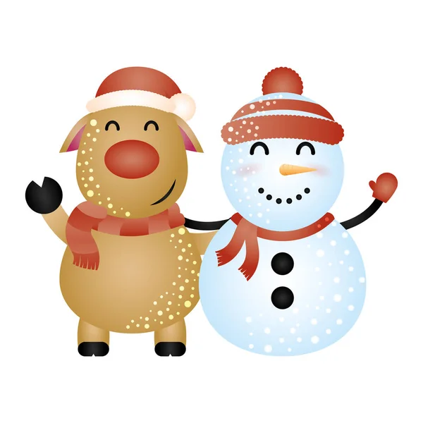 Vrolijk kerstmis schattig sneeuwpop en rendieren — Stockvector