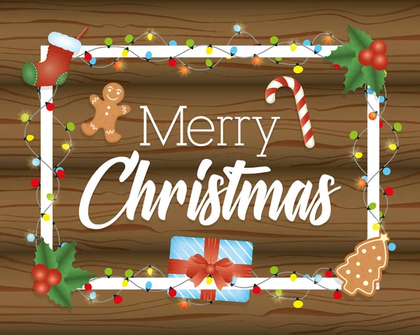 Frohe Weihnachten Karte mit Gegenständen in Holz Hintergrund — Stockvektor