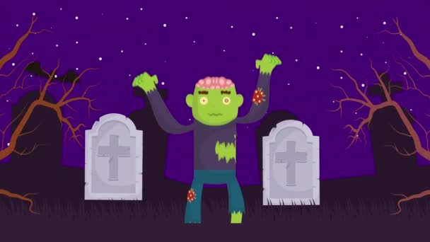 Halloween dunkle Szene mit Zombie auf Friedhof — Stockvideo