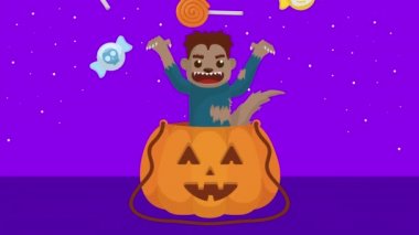 Cadılar Bayramı 'nın karanlık sahnesinde balkabağı içindeki kurt adam