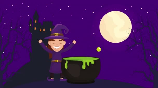 Halloween dark scene with little witch and cauldron — стоковое видео