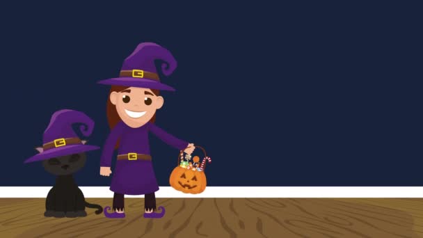 Halloween ciemna scena z czarownicą i kotem — Wideo stockowe