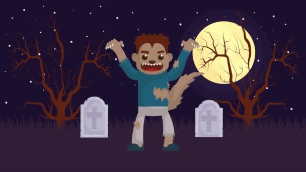 Halloween dark scene with werewolf in cemetery — Stock Video