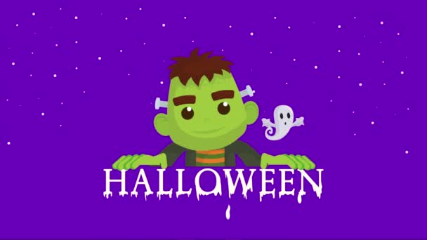 Halloween escuro cena com frankenstein e fantasmas — Vídeo de Stock