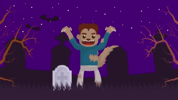 Halloween oscuro escena con hombre lobo en el cementerio — Vídeo de stock