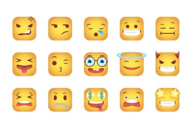 Kare duygu simgeleri dizisi karakterleri karşılar