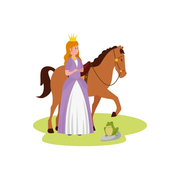 Conto de fadas princesa com cavalo e sapo — Vetor de Stock
