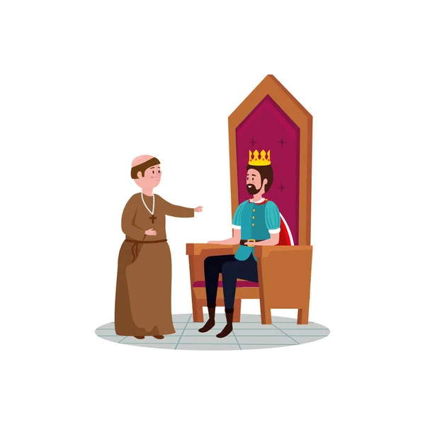 Märchenkönig sitzt mit Mönch im Stuhl — Stockvektor