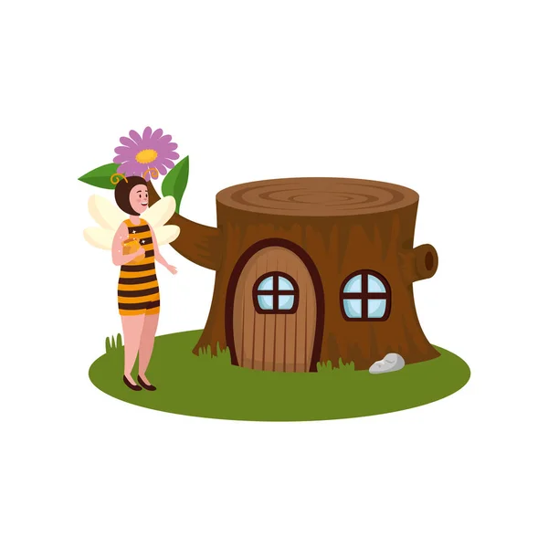 Femme déguisé abeille avec arbre maison — Image vectorielle